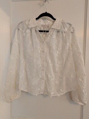 Caroline Constas White Sheer Floral Appliqué Button-Down Blouse